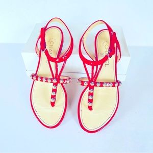 CHANEL coral red gold camellia studded flat sandals 38